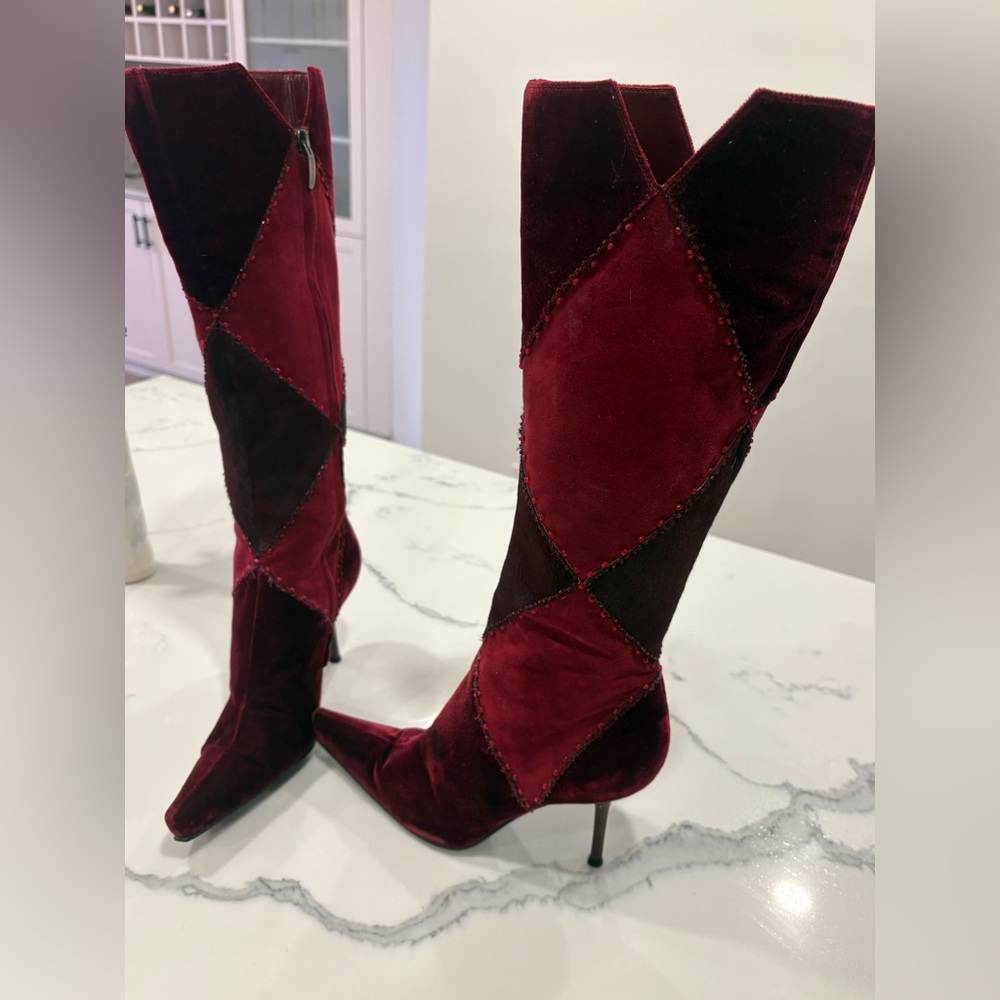 Sergio Rossi Red and Burgundy Patchwork Knee-High Boots